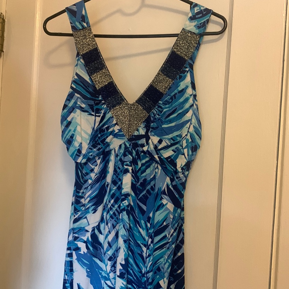 Lightweight blue & teal tropical summer dress